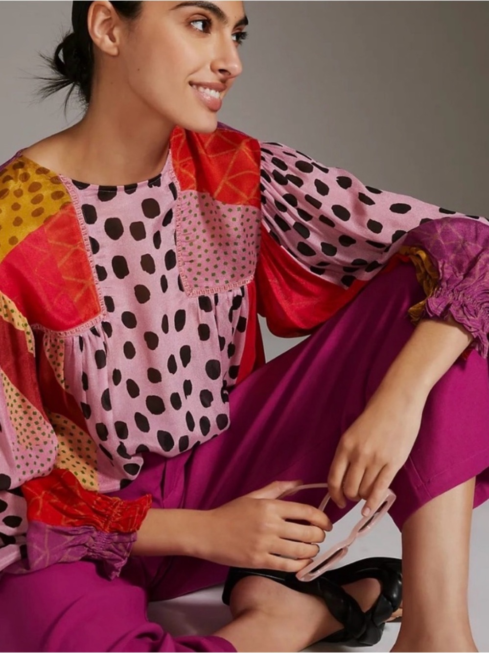 Anthropologie Pink Patchwork Dot-Print Balloon-Sleeve Blouse by Blank